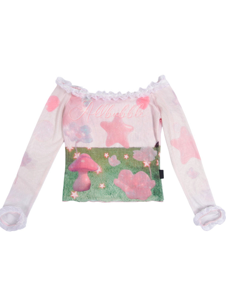 Pink Dreamcore Mushroom Star Print Sheer Mesh Lace Off-Shoulder Top