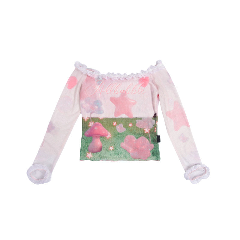 Pink Dreamcore Mushroom Star Print Sheer Mesh Lace Off-Shoulder Top