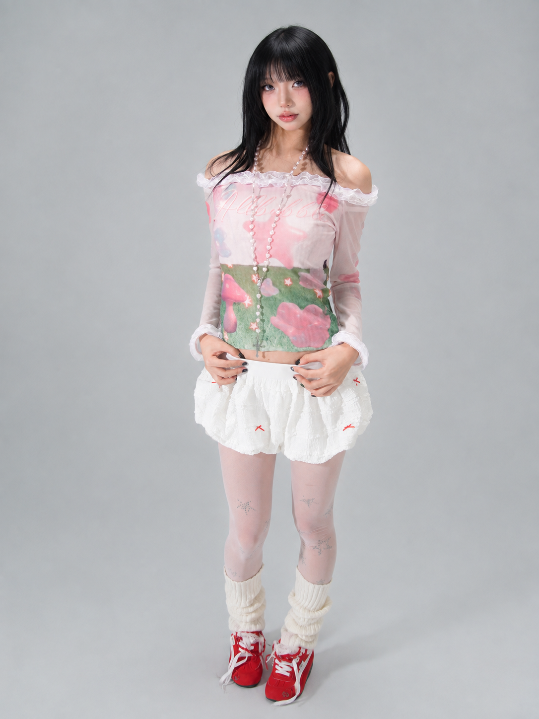 Pink Dreamcore Mushroom Star Print Sheer Mesh Lace Off-Shoulder Top