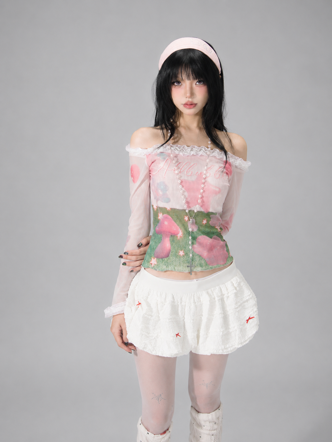 Pink Dreamcore Mushroom Star Print Sheer Mesh Lace Off-Shoulder Top
