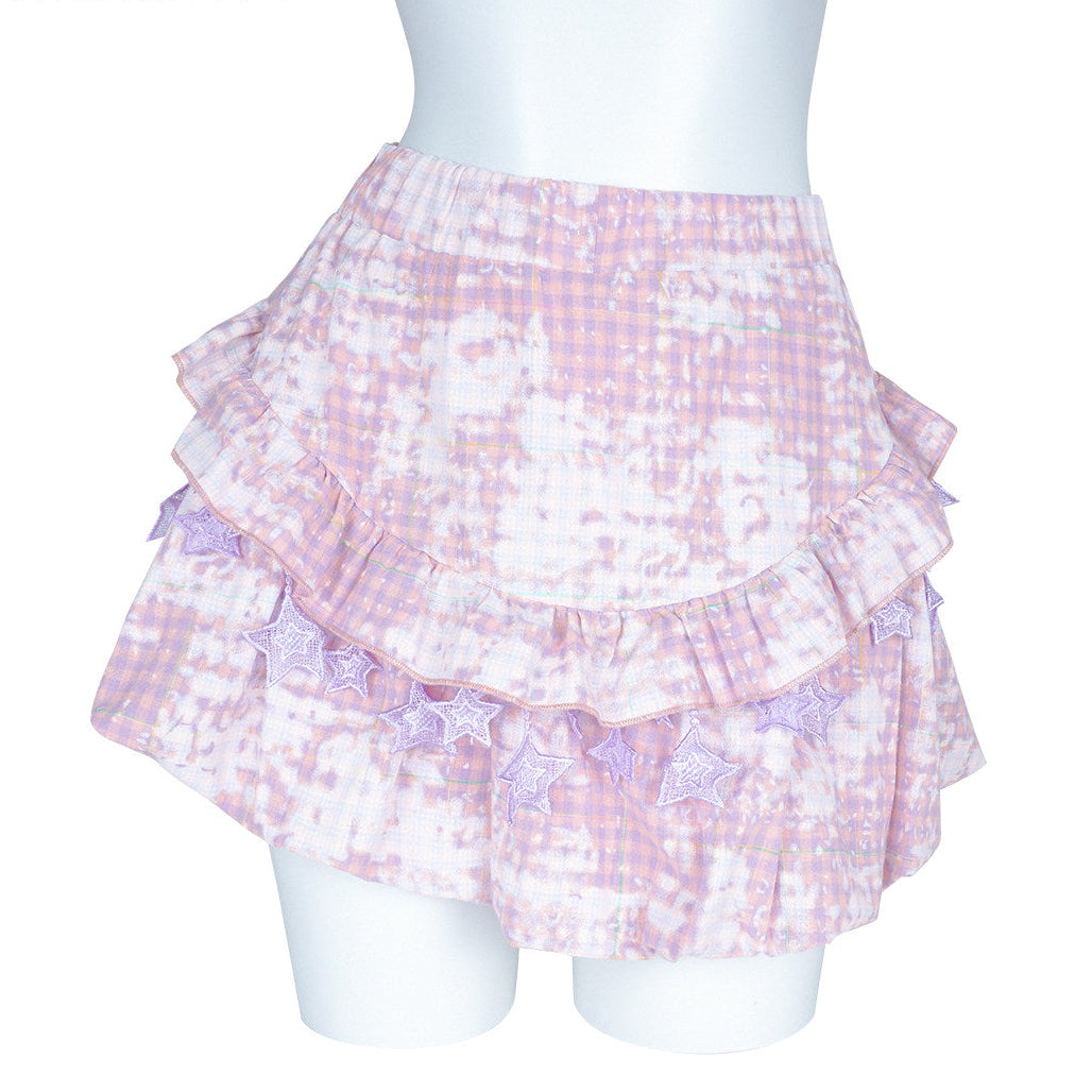 Pink Purple Tie-Dye Plaid Star Lace Ruffle Mini Skirt