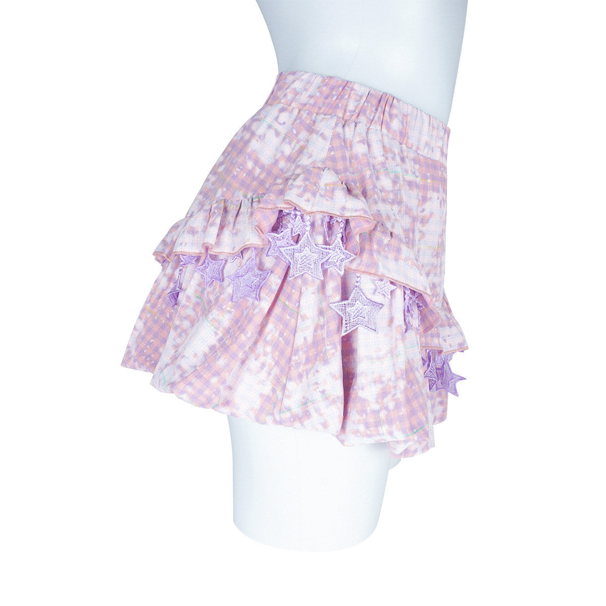 Pink Purple Tie-Dye Plaid Star Lace Ruffle Mini Skirt