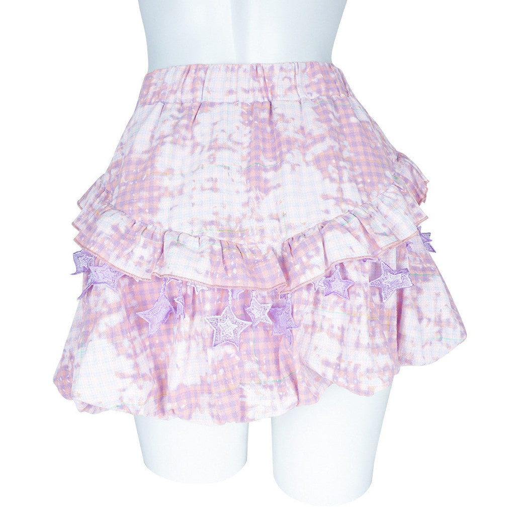 Pink Purple Tie-Dye Plaid Star Lace Ruffle Mini Skirt