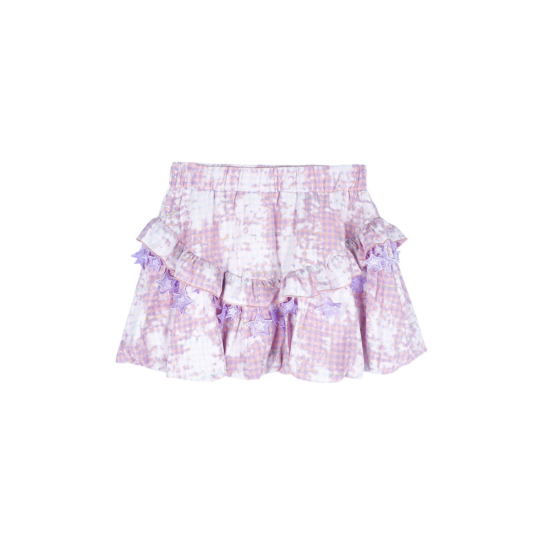 Pink Purple Tie-Dye Plaid Star Lace Ruffle Mini Skirt