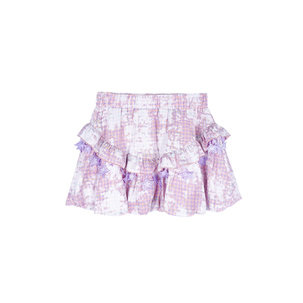 Pink Purple Tie-Dye Plaid Star Lace Ruffle Mini Skirt