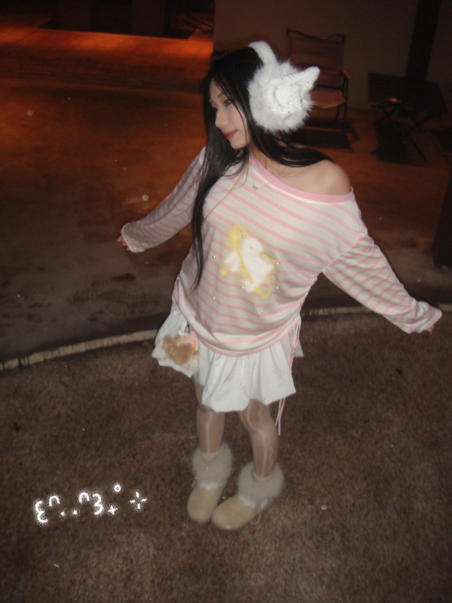 Pink Striped Pearl Lamb Print Off-Shoulder Lyocell Oversized Long Sleeve Top