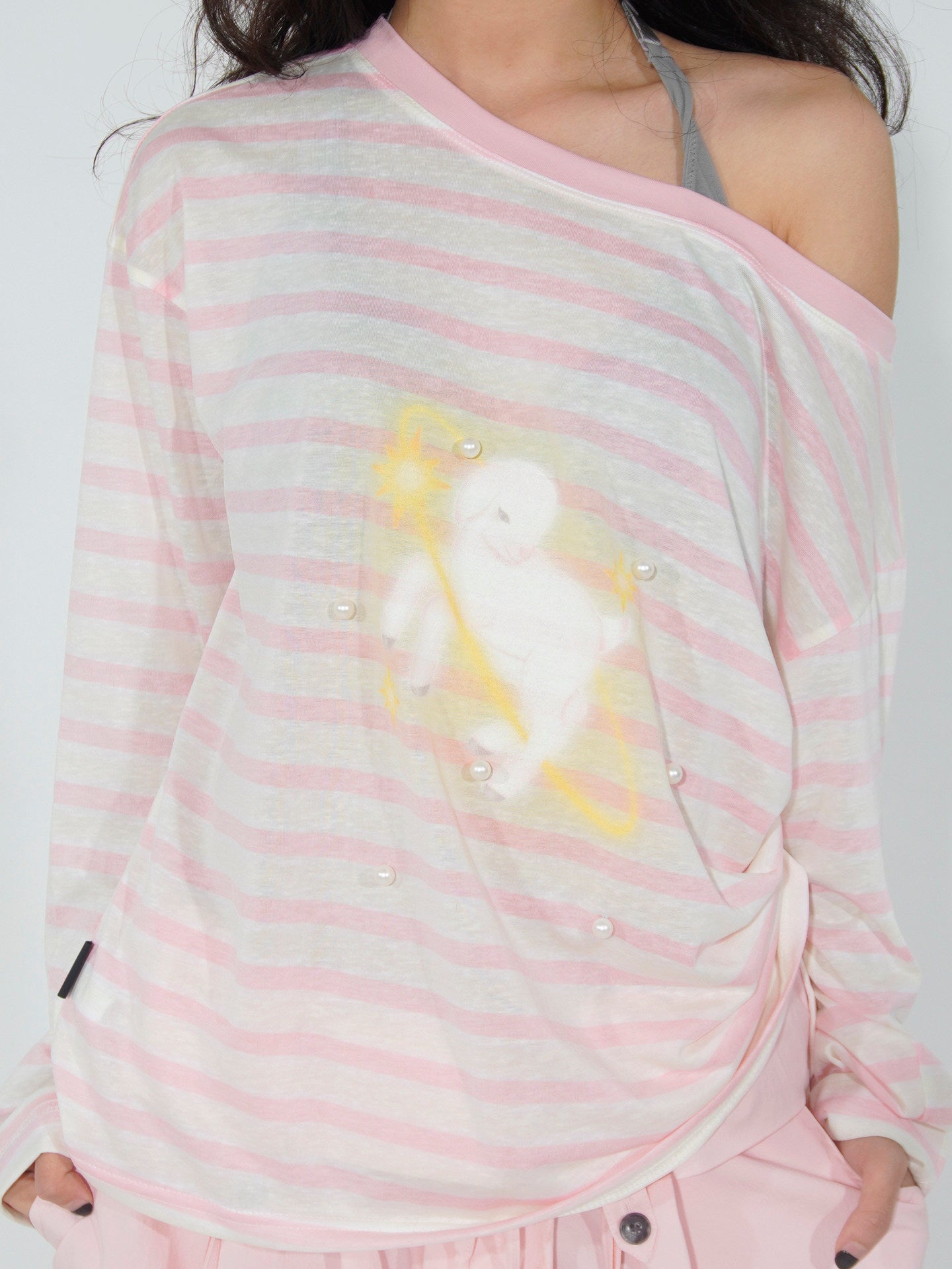Pink Striped Pearl Lamb Print Off-Shoulder Lyocell Oversized Long Sleeve Top