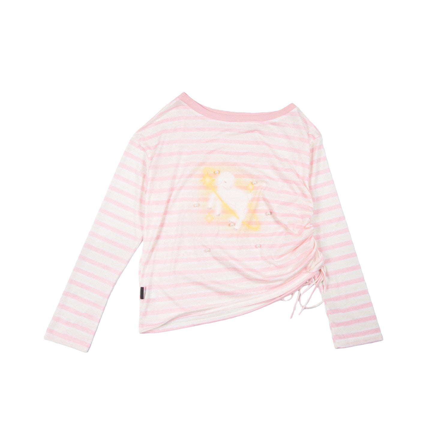 Pink Striped Pearl Lamb Print Off-Shoulder Lyocell Oversized Long Sleeve Top