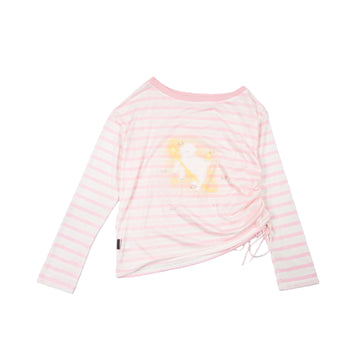 Pink Striped Pearl Lamb Print Off-Shoulder Lyocell Oversized Long Sleeve Top