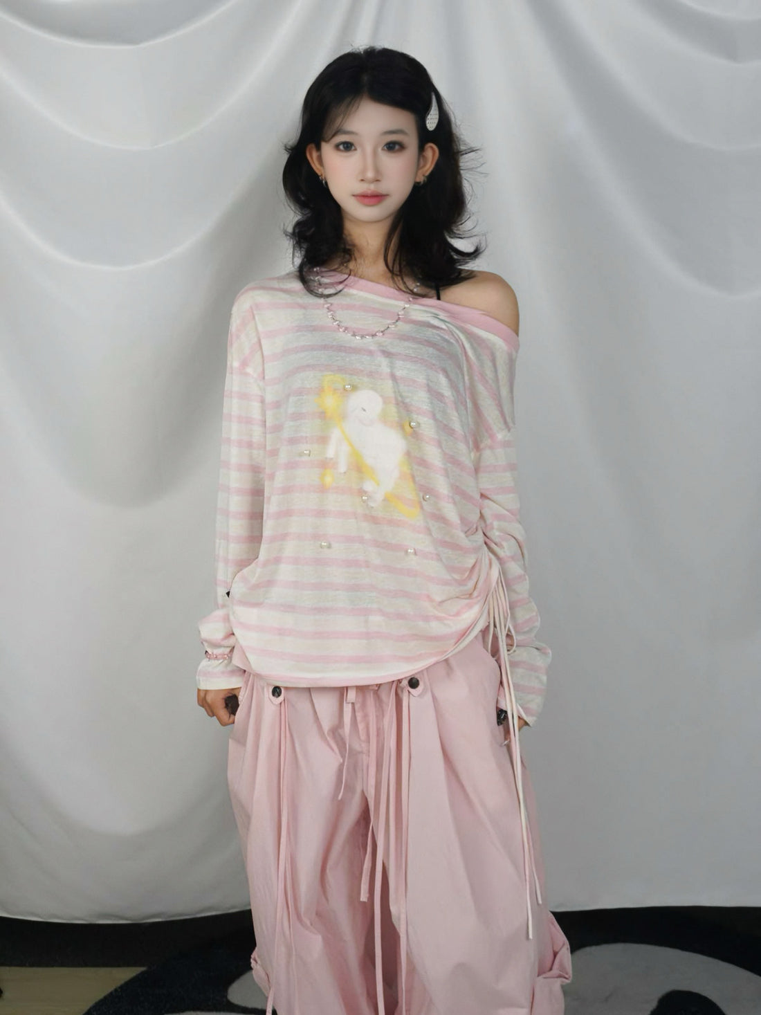Pink Striped Pearl Lamb Print Off-Shoulder Lyocell Oversized Long Sleeve Top