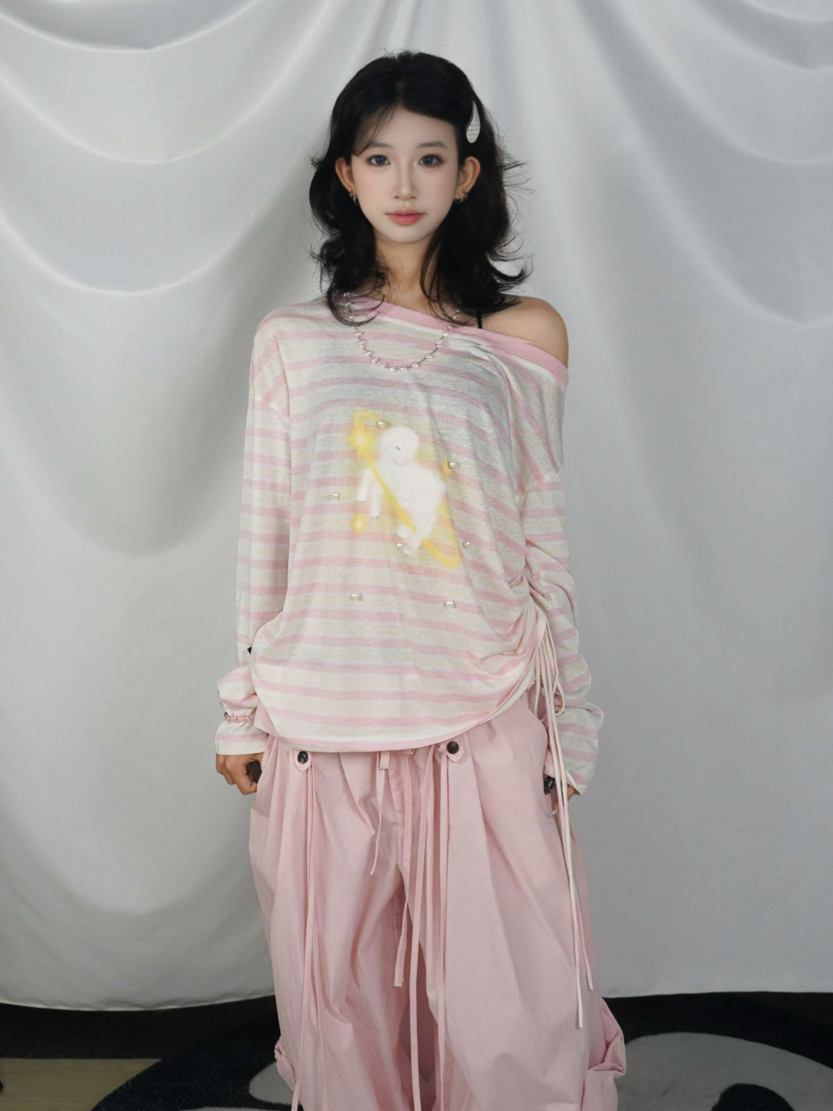 Pink Striped Pearl Lamb Print Off-Shoulder Lyocell Oversized Long Sleeve Top