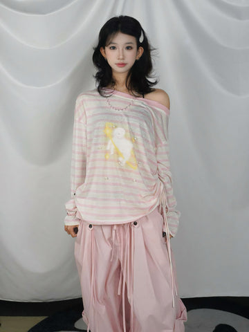 Pink Striped Pearl Lamb Print Off-Shoulder Lyocell Oversized Long Sleeve Top