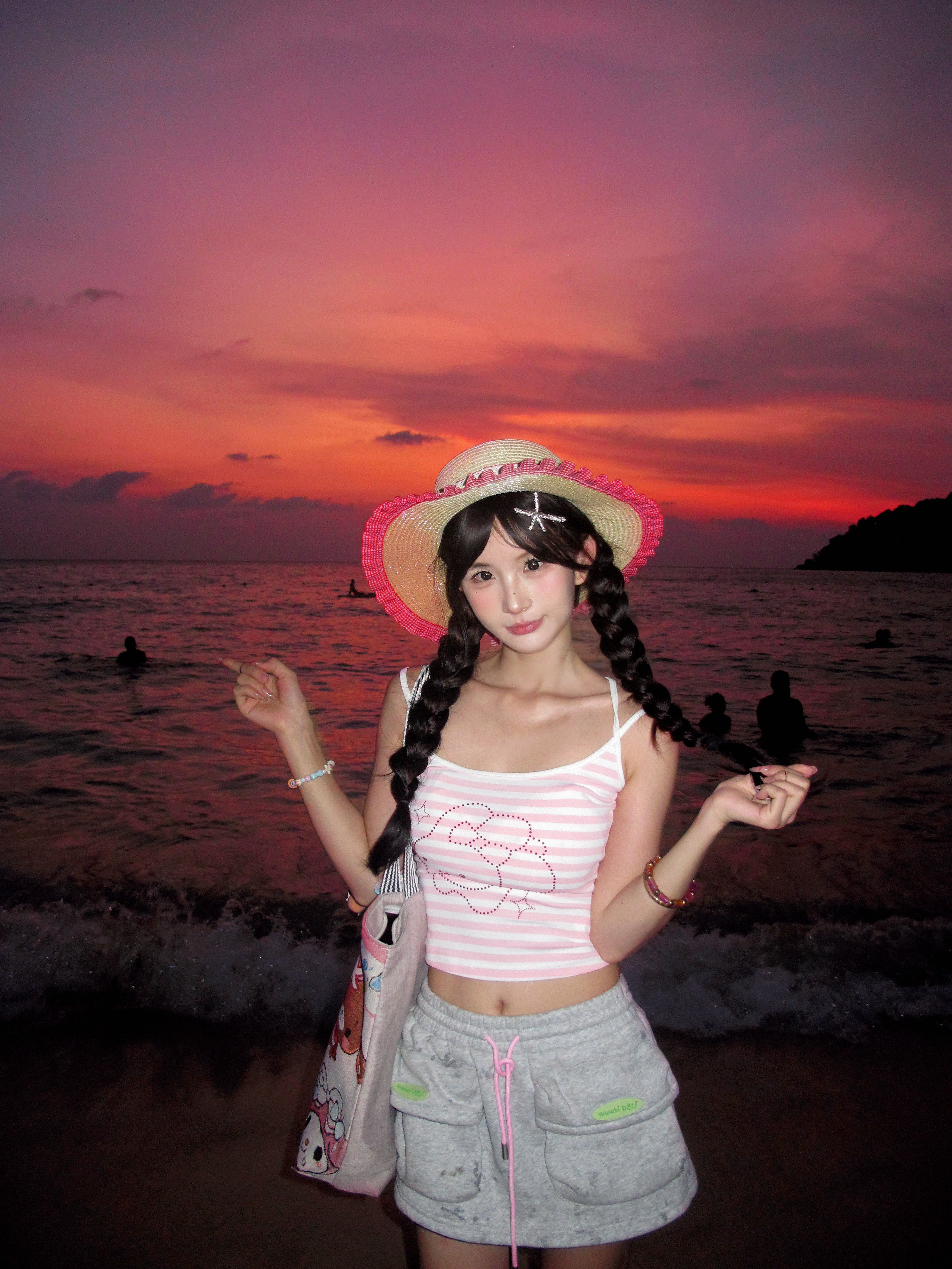Pink White Striped Rhinestone Bunny Beaded-Strap Fitted Cami Top
