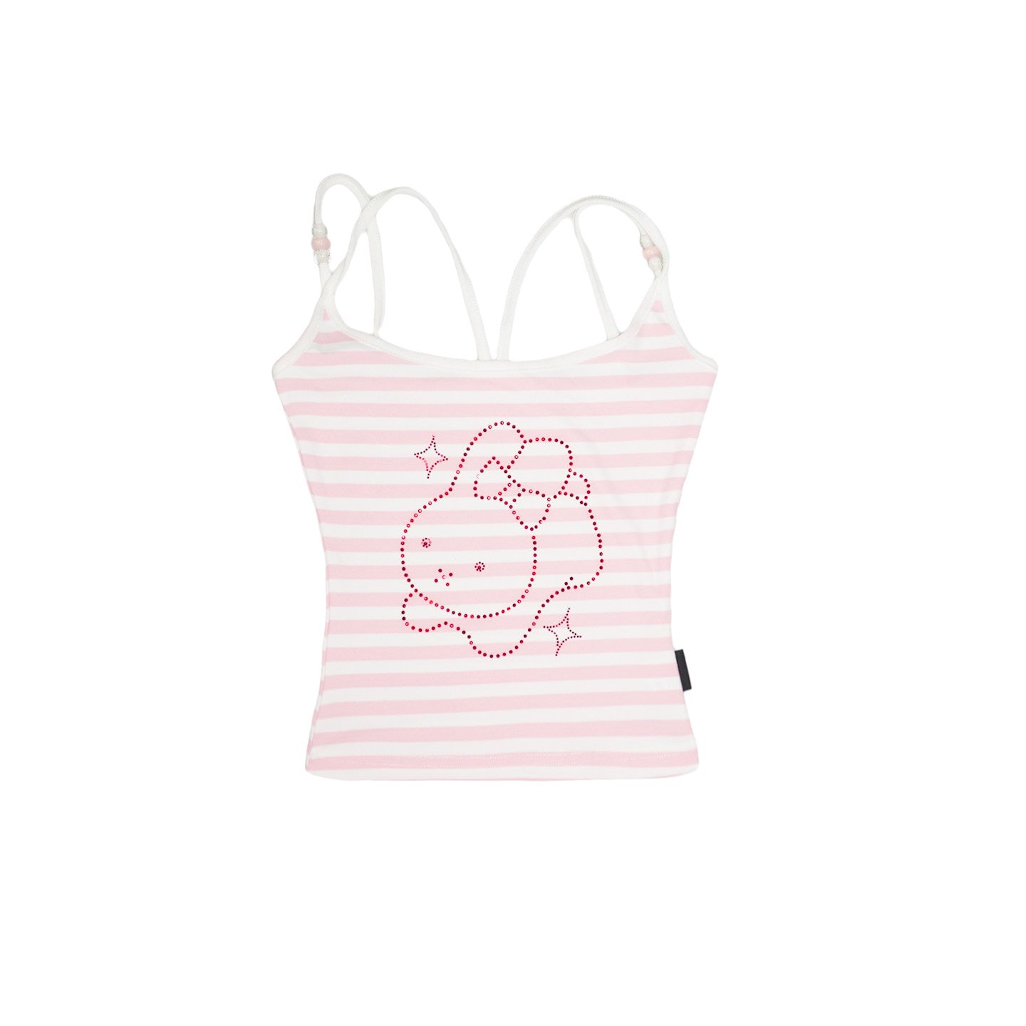 Pink White Striped Rhinestone Bunny Beaded-Strap Fitted Cami Top