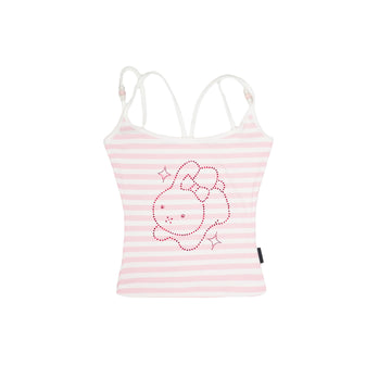 Pink White Striped Rhinestone Bunny Beaded-Strap Fitted Cami Top