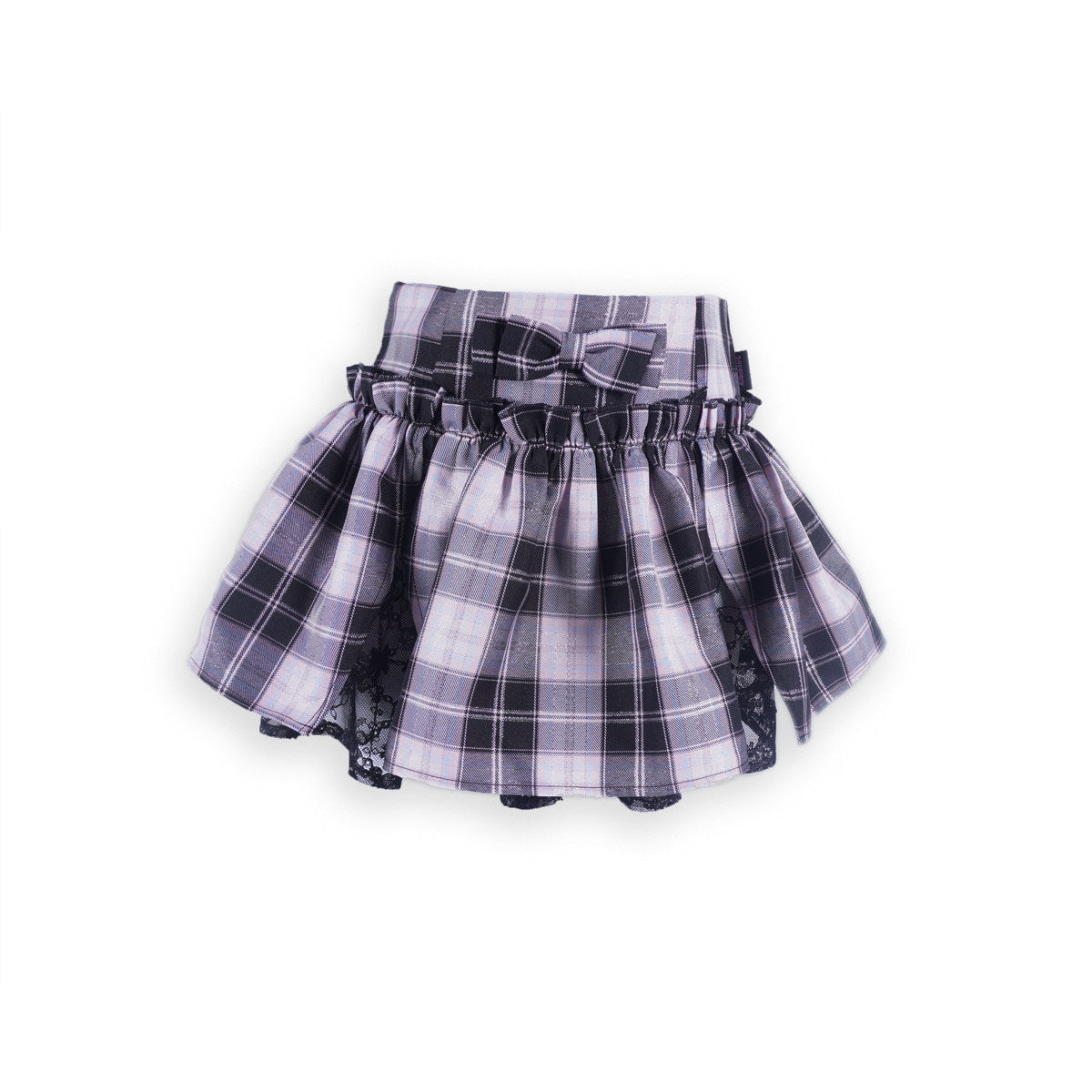 Purple Black Plaid Bow High-Waist Lace-Panel Flared Mini Skirt