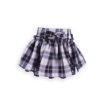 Purple Black Plaid Bow High-Waist Lace-Panel Flared Mini Skirt