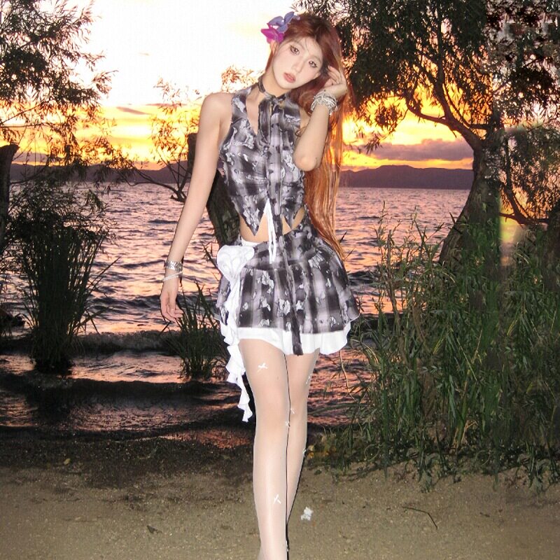 Purple Black Plaid Distressed Lace Rose Ribbon Asymmetric Mini Skirt