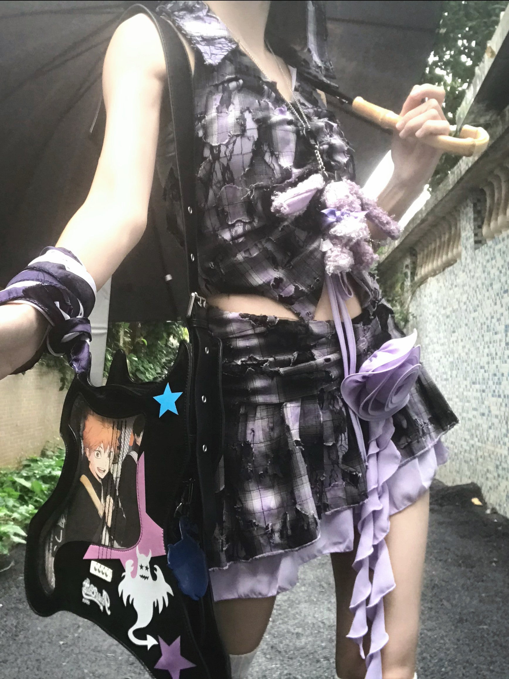 Purple Black Plaid Distressed Lace Rose Ribbon Asymmetric Mini Skirt