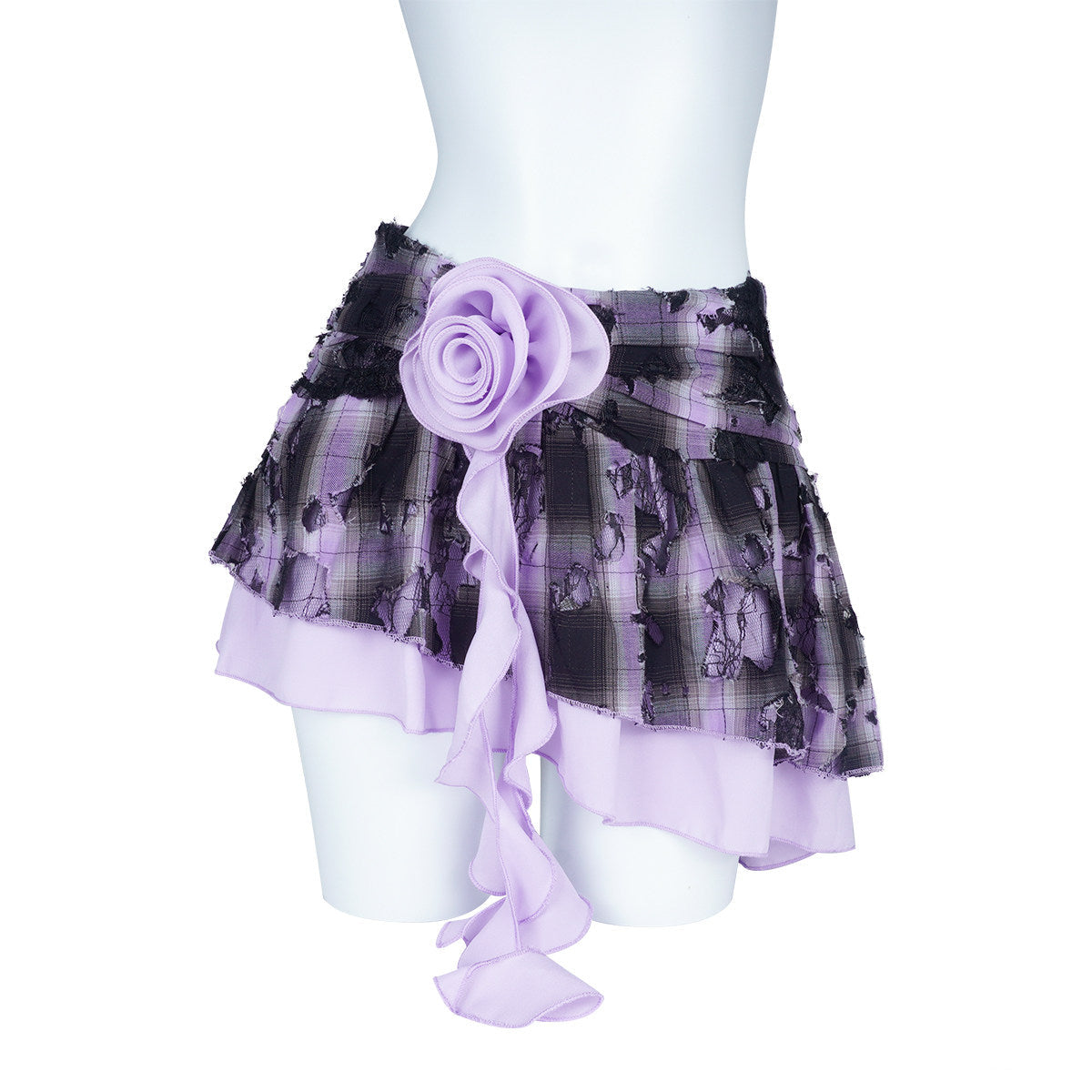 Purple Black Plaid Distressed Lace Rose Ribbon Asymmetric Mini Skirt