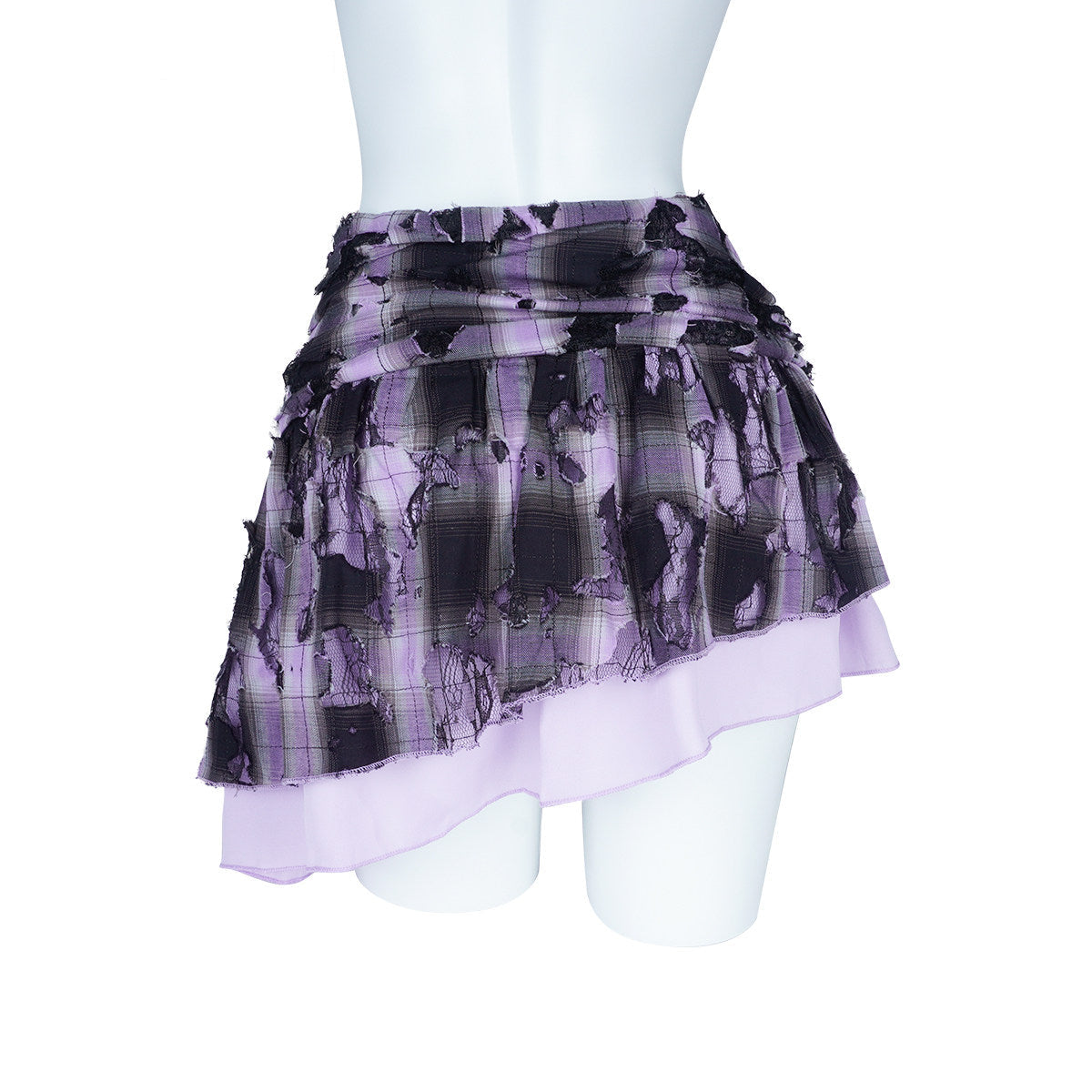 Purple Black Plaid Distressed Lace Rose Ribbon Asymmetric Mini Skirt