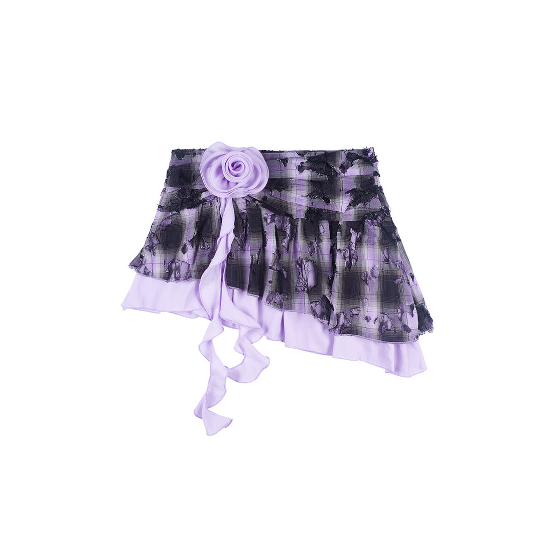 Purple Black Plaid Distressed Lace Rose Ribbon Asymmetric Mini Skirt