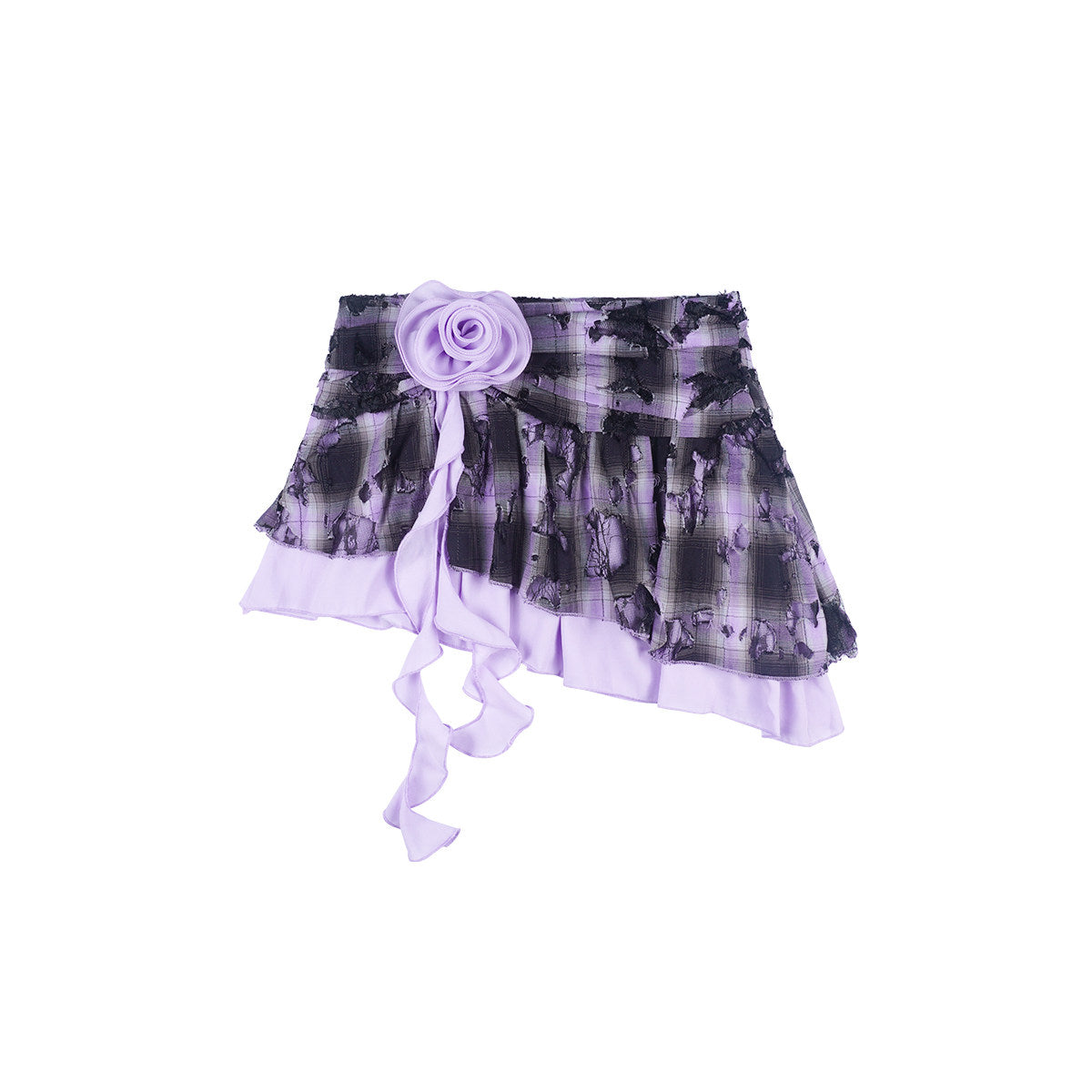 Purple Black Plaid Distressed Lace Rose Ribbon Asymmetric Mini Skirt