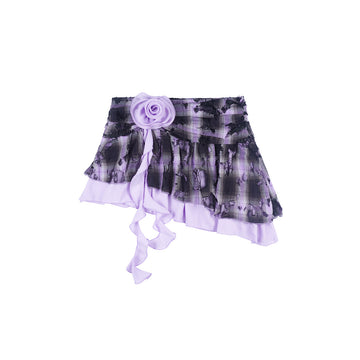 Purple Black Plaid Distressed Lace Rose Ribbon Asymmetric Mini Skirt