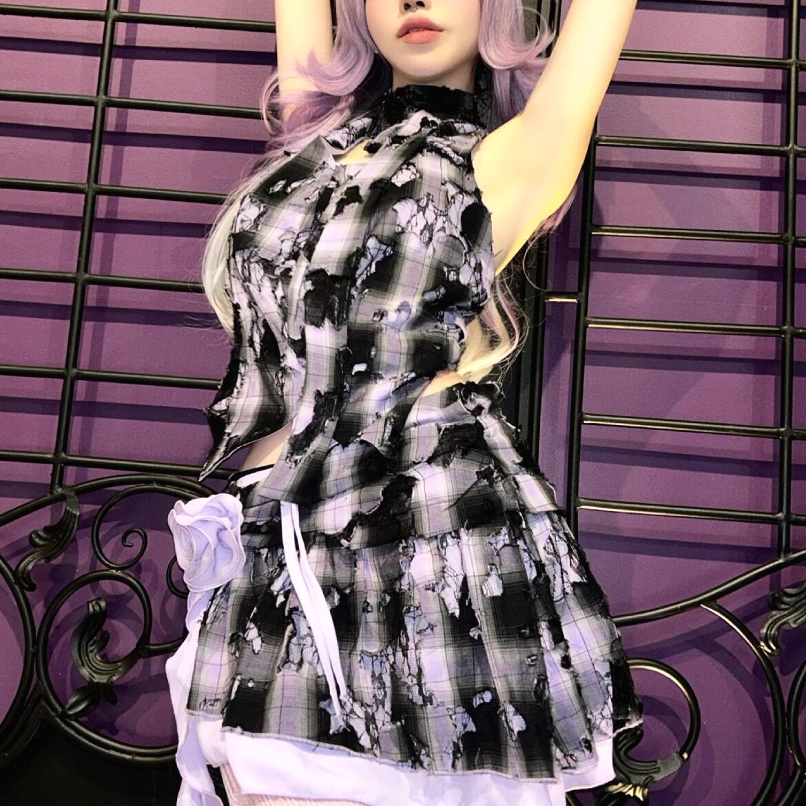 Purple Black Plaid Distressed Lace Rose Ribbon Asymmetric Mini Skirt