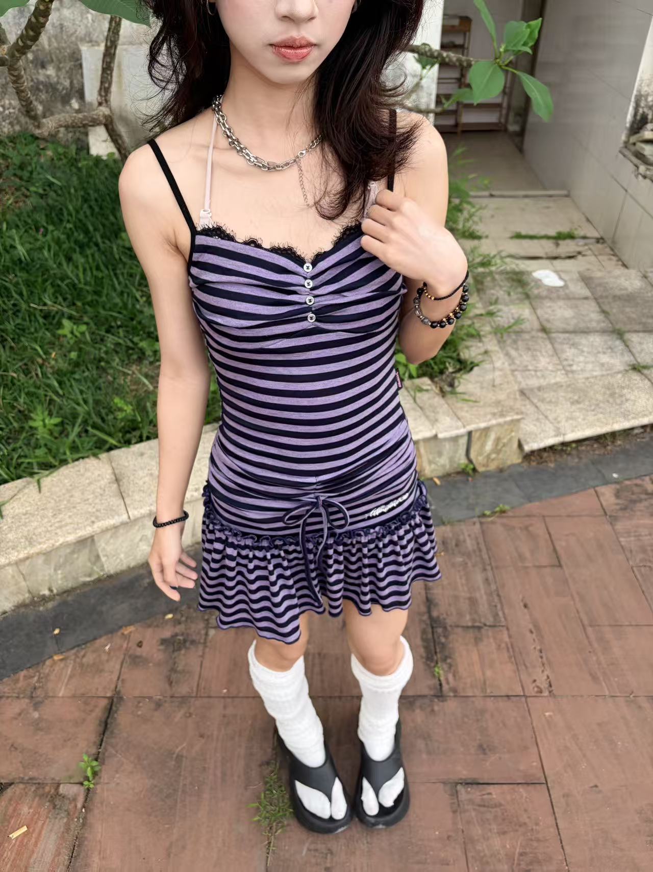 Purple Black Striped Lace Ruched Drawstring Tiered Cami Mini Dress