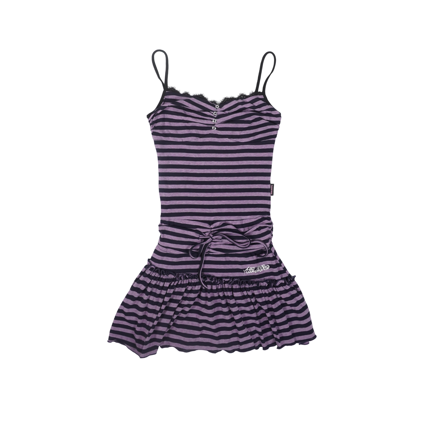 Purple Black Striped Lace Ruched Drawstring Tiered Cami Mini Dress