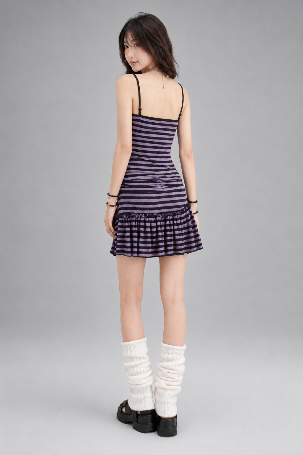 Purple Black Striped Lace Ruched Drawstring Tiered Cami Mini Dress