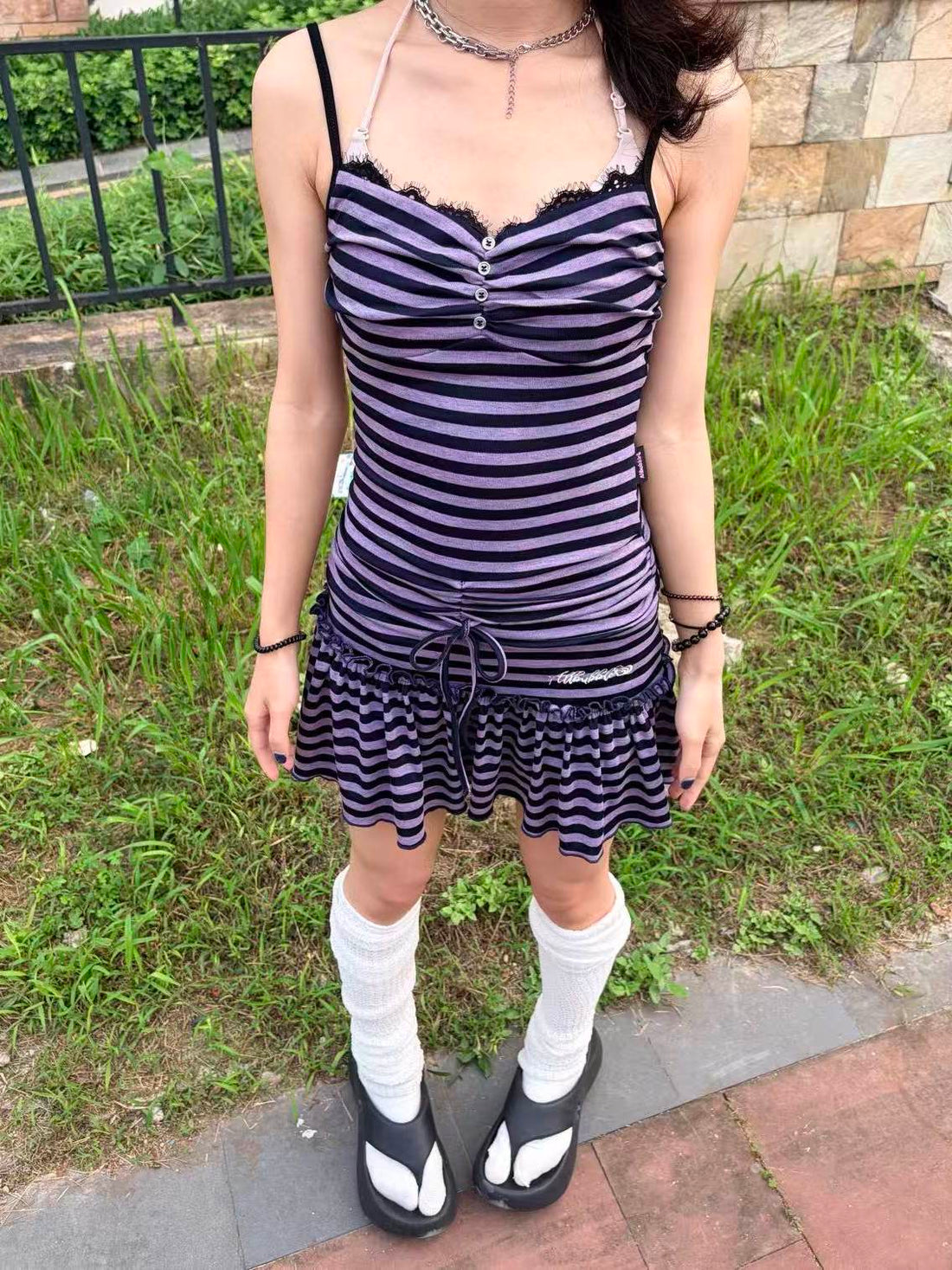 Purple Black Striped Lace Ruched Drawstring Tiered Cami Mini Dress