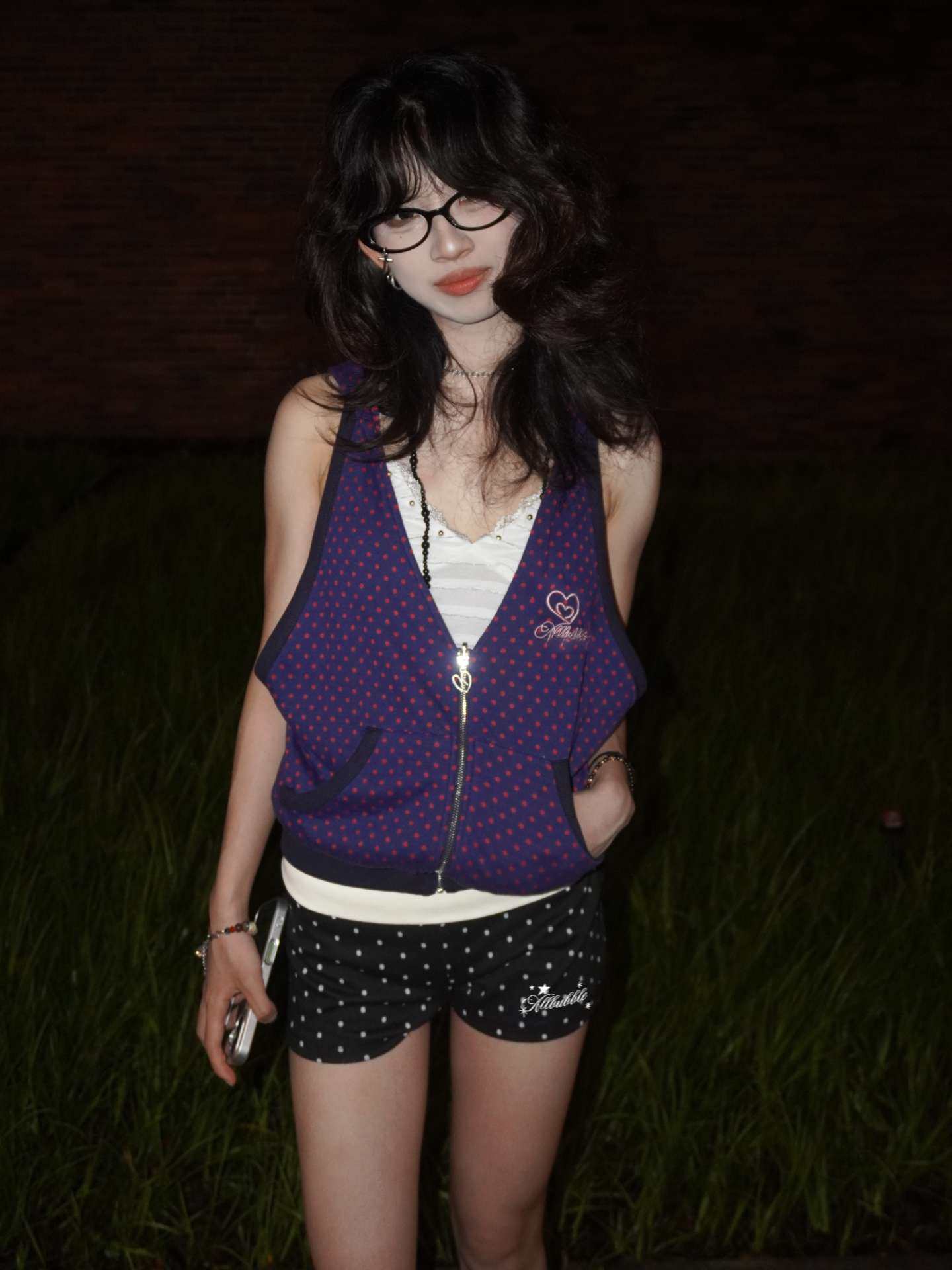 Purple Sweetheart Reversible Polka Dot Striped Zip-Up Hooded Vest