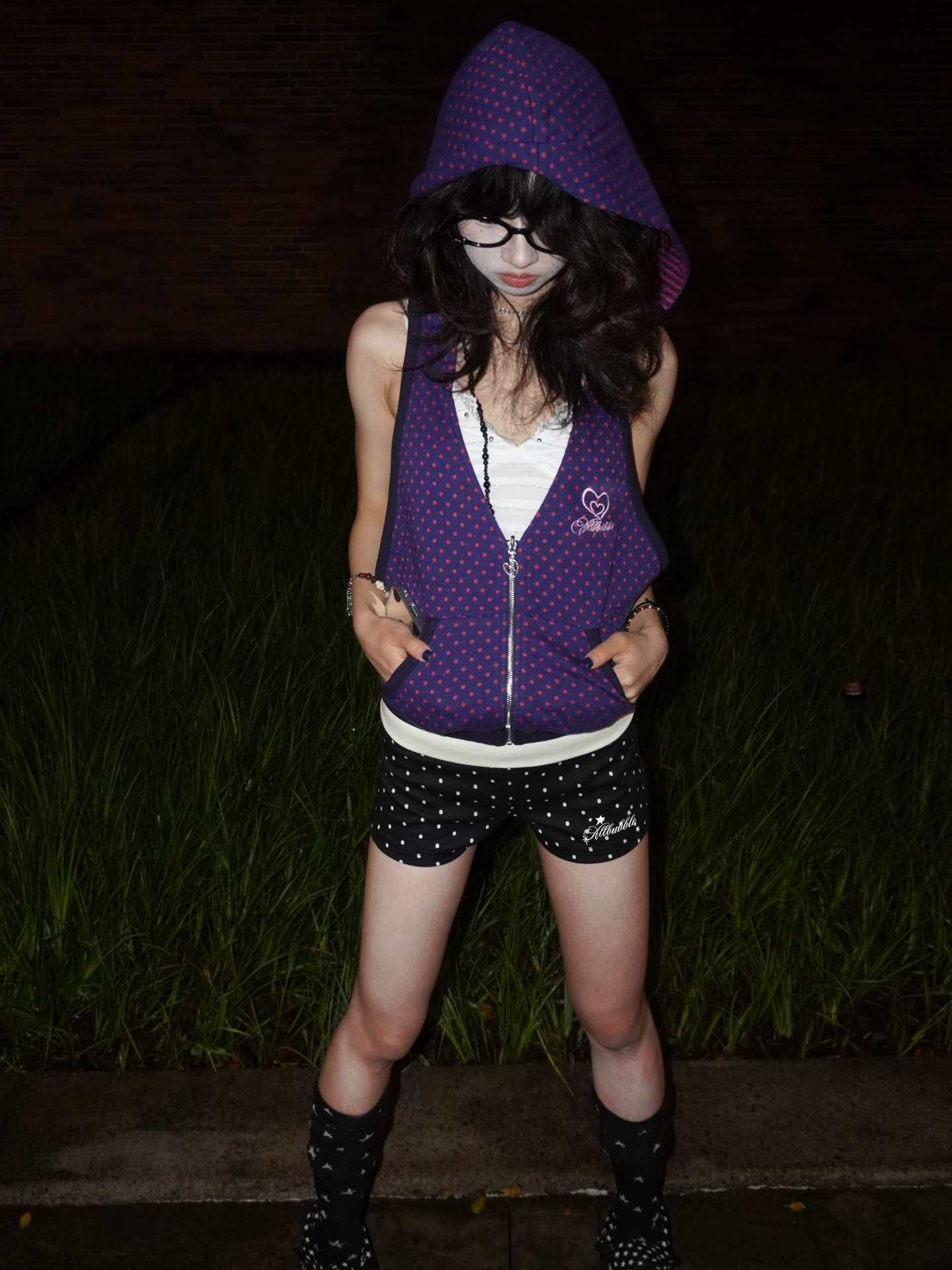 Purple Sweetheart Reversible Polka Dot Striped Zip-Up Hooded Vest