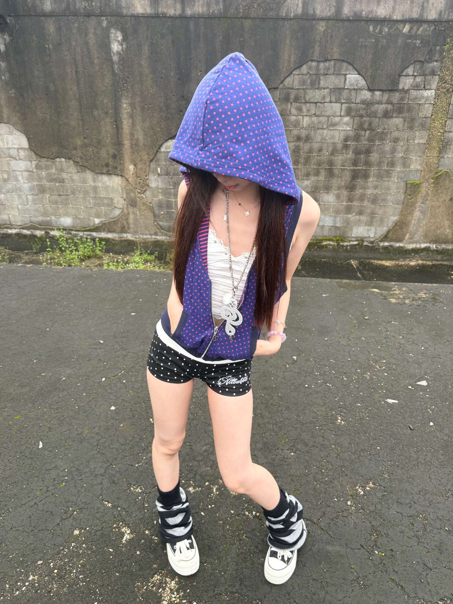 Purple Sweetheart Reversible Polka Dot Striped Zip-Up Hooded Vest