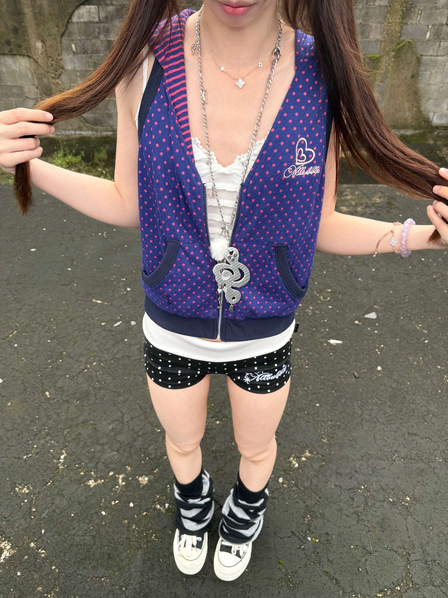 Purple Sweetheart Reversible Polka Dot Striped Zip-Up Hooded Vest