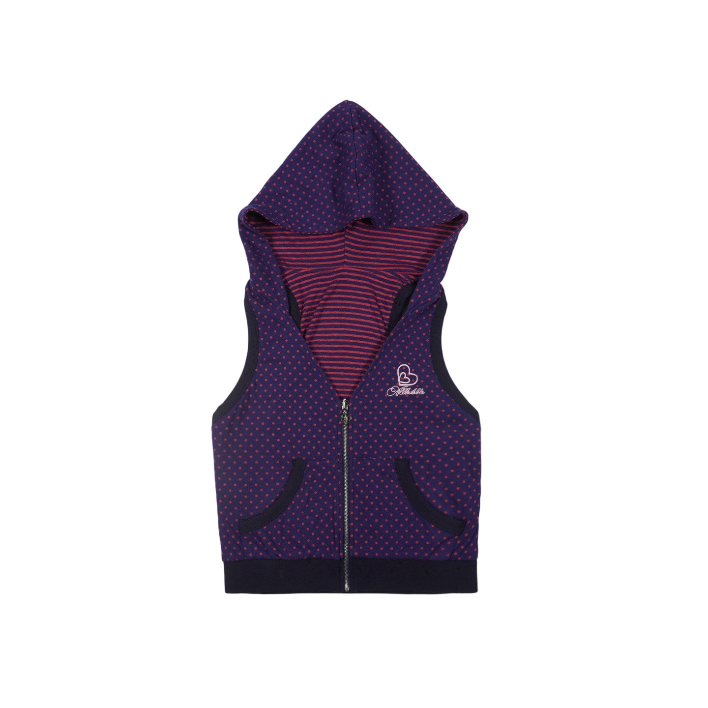 Purple Sweetheart Reversible Polka Dot Striped Zip-Up Hooded Vest
