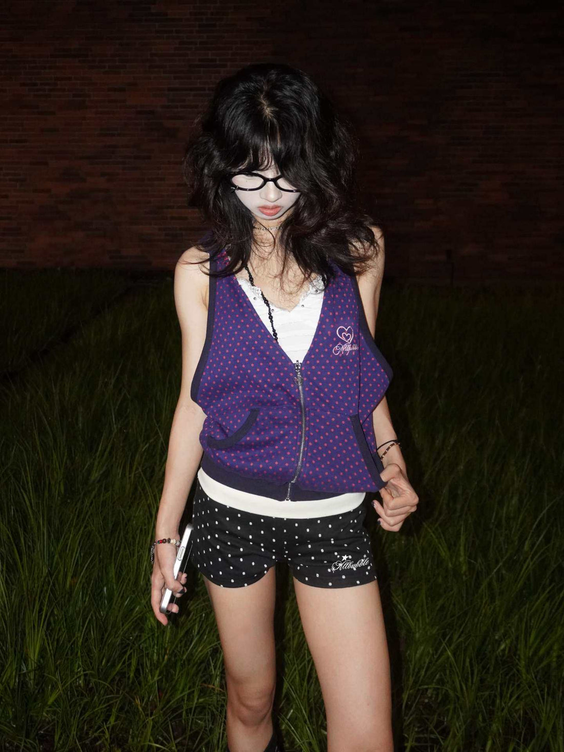 Purple Sweetheart Reversible Polka Dot Striped Zip-Up Hooded Vest