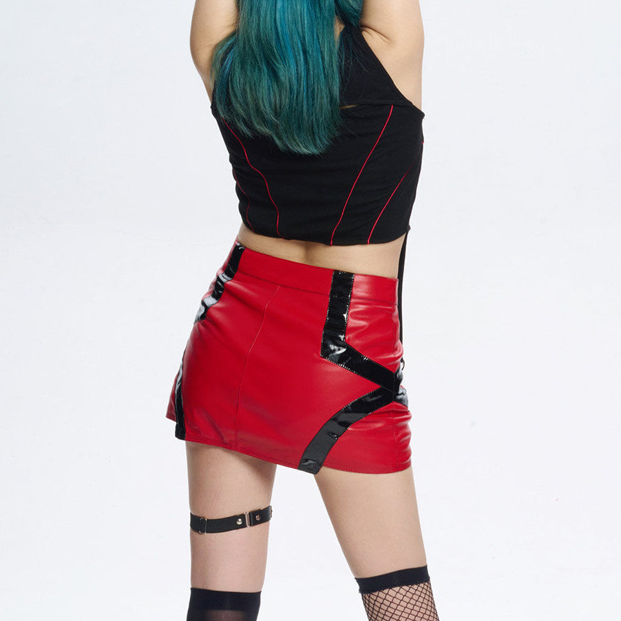 Red Black Colorblock Low-Rise Faux Leather Utility Mini Skort