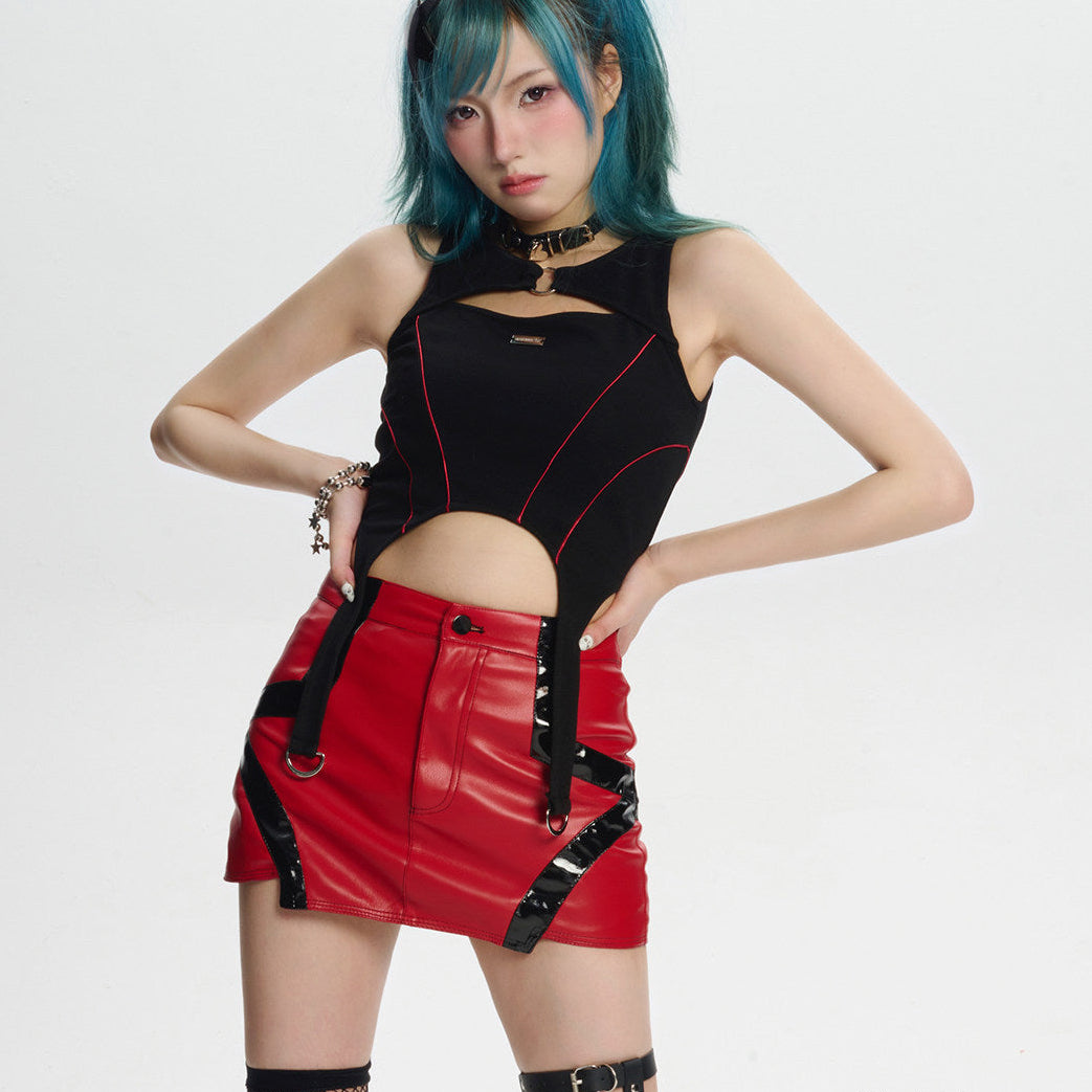 Red Black Colorblock Low-Rise Faux Leather Utility Mini Skort
