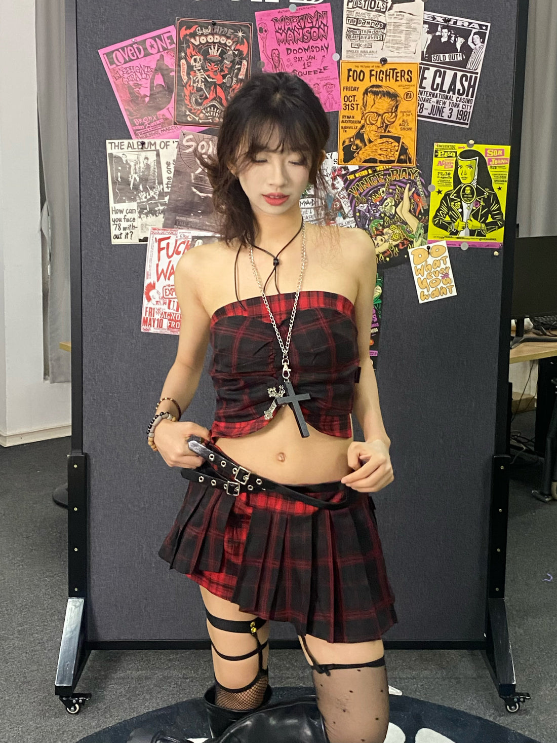 Red Black Plaid Double-Belt Asymmetric Pleated Mini Skort