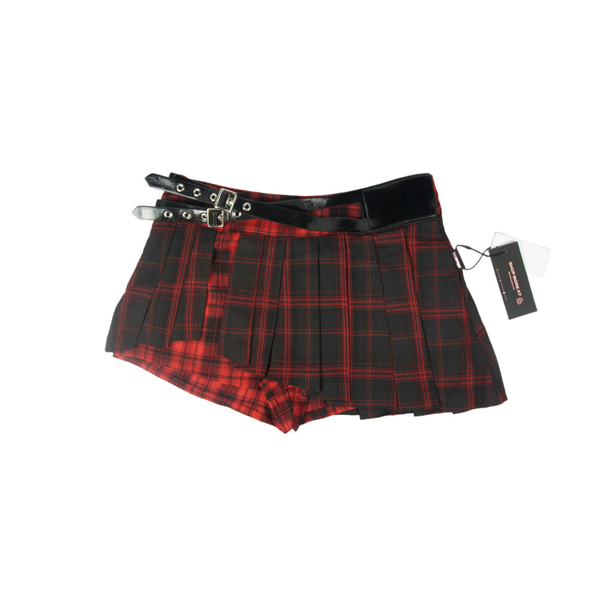 Red Black Plaid Double-Belt Asymmetric Pleated Mini Skort