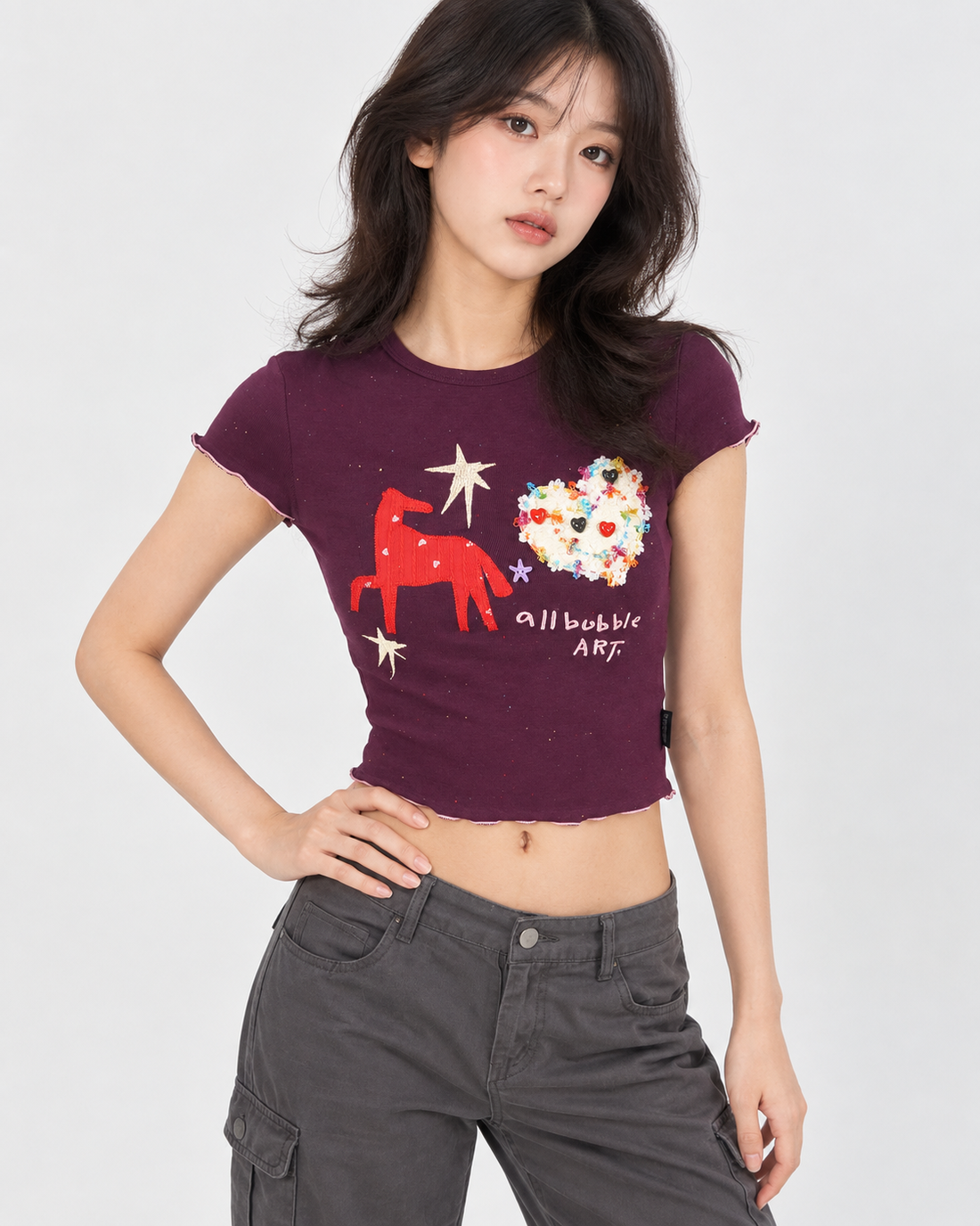 Remade Vintage Burgundy Embroidered Pony Baby Tee