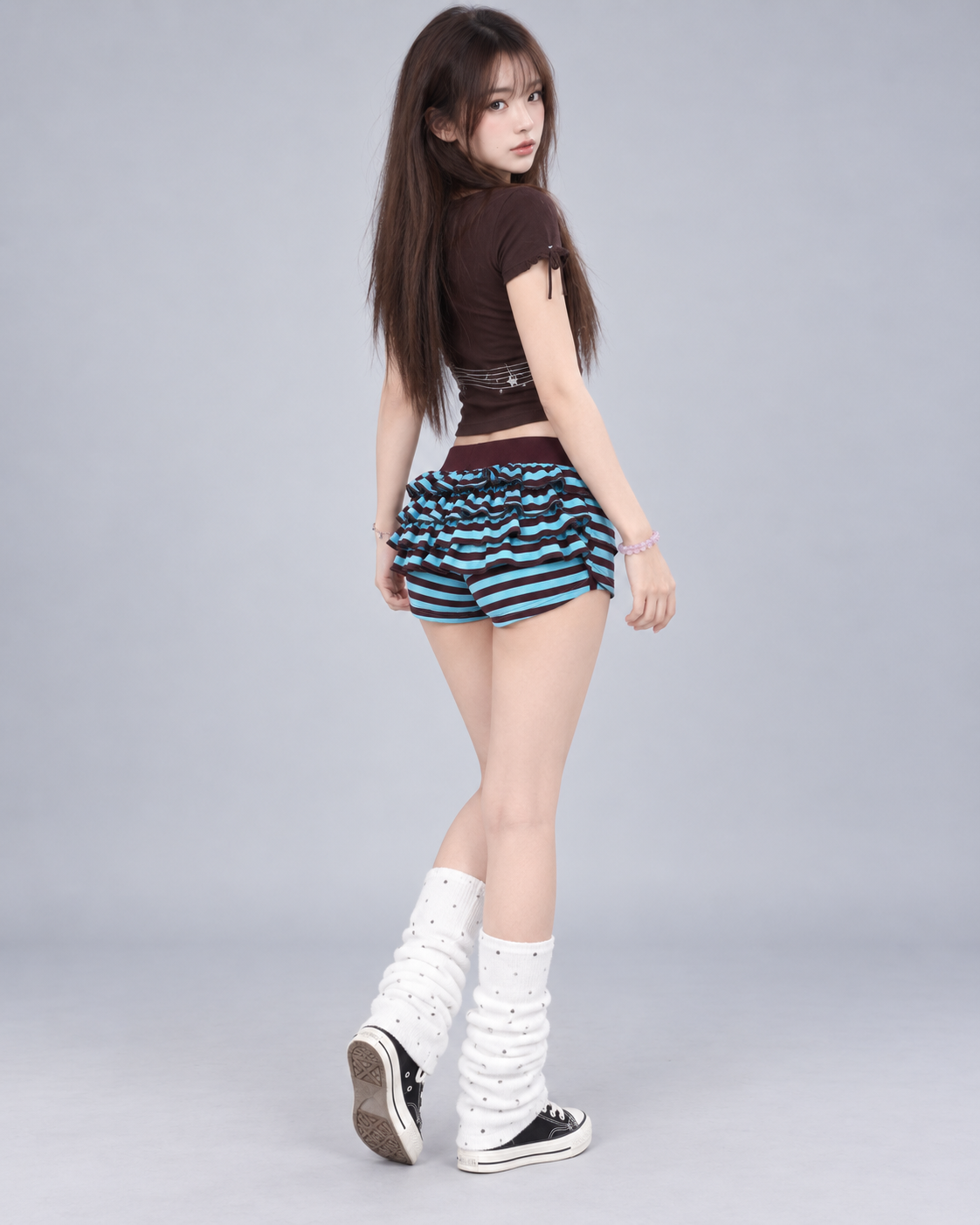 Retro Aqua Blue & Brown Striped Knit Mini Shorts
