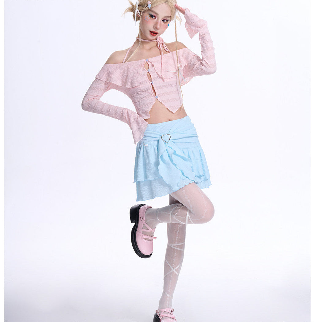 Sky Heart Baby Blue Textured Ruched Ruffle Mini Skirt