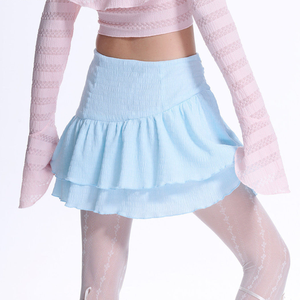Sky Heart Baby Blue Textured Ruched Ruffle Mini Skirt