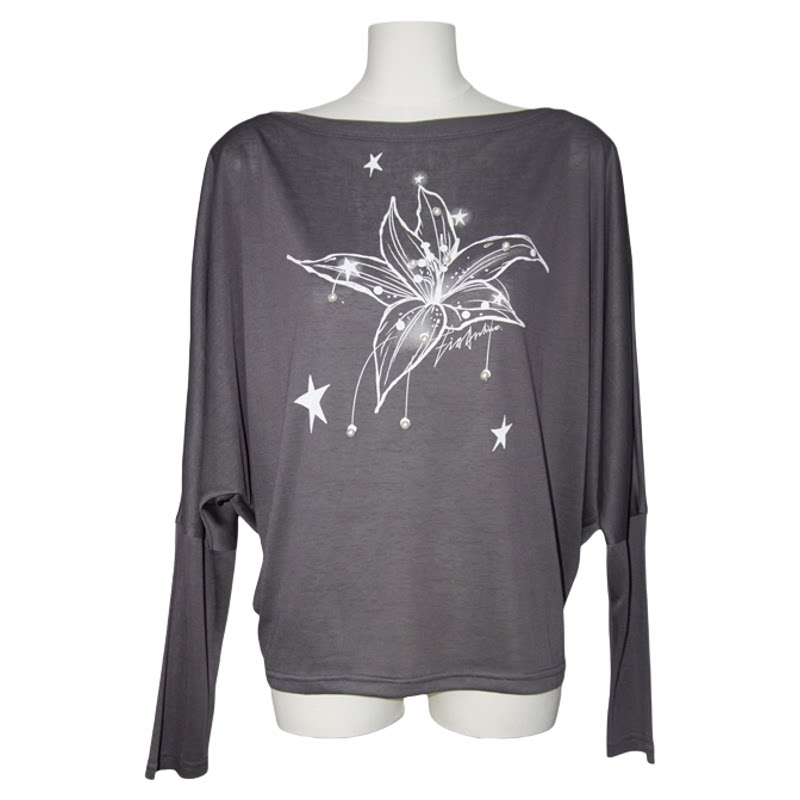 Smoky Grey Lily Pearl Graphic Off-Shoulder Lyocell Oversized Long Sleeve Top