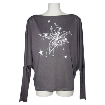 Smoky Grey Lily Pearl Graphic Off-Shoulder Lyocell Oversized Long Sleeve Top