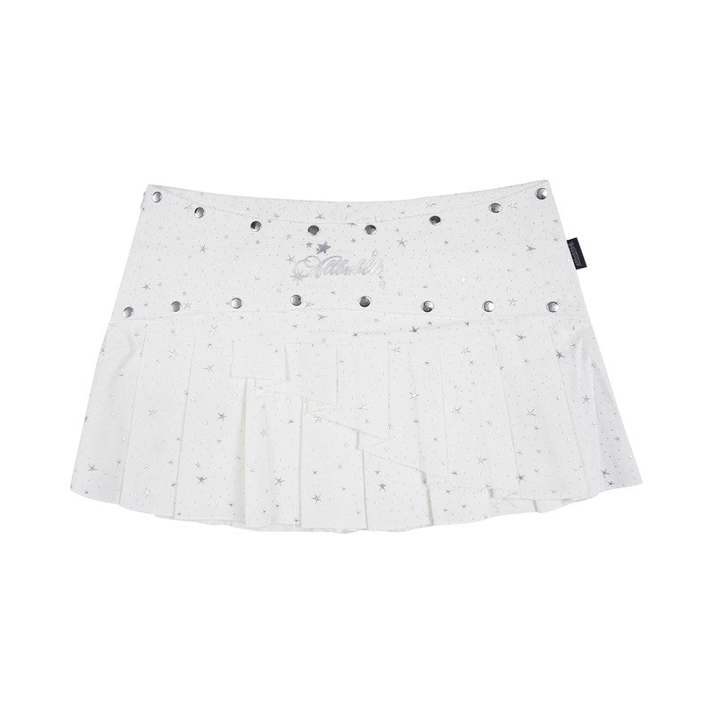 Star Print Studded Adjustable Pleated Mini Skirt